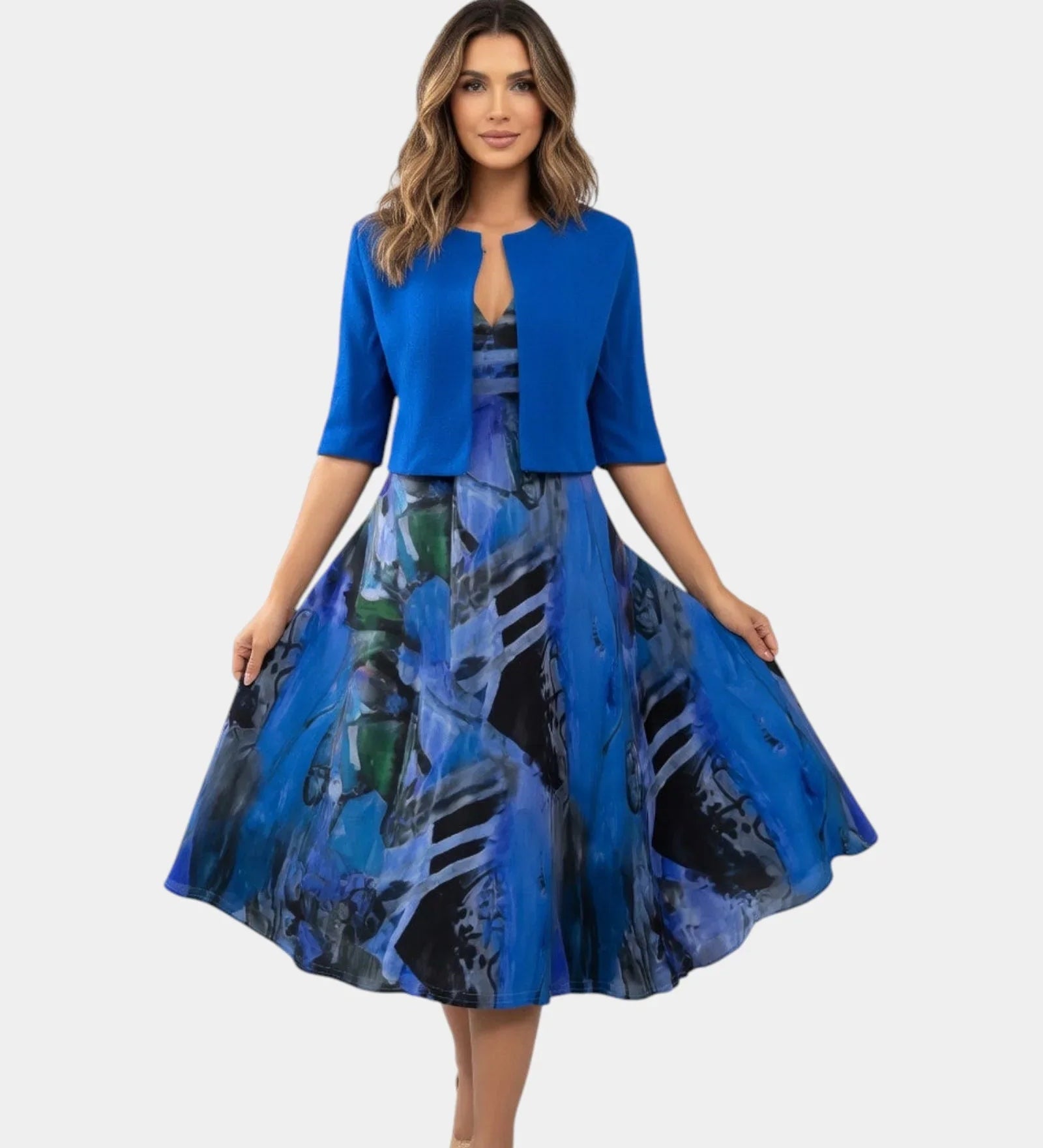 Stacy | Robe midi fluide imprimée avec veste assortie