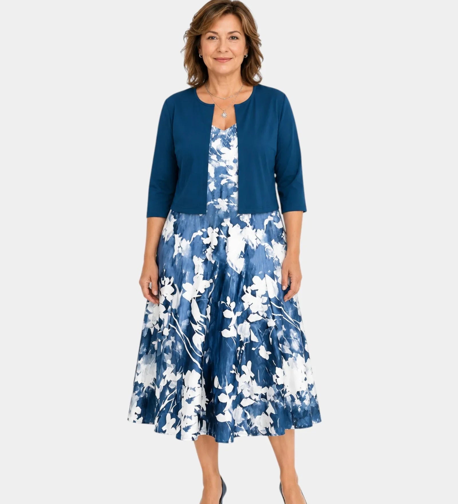 Guilaine | Ensemble robe fleurie et cardigan léger