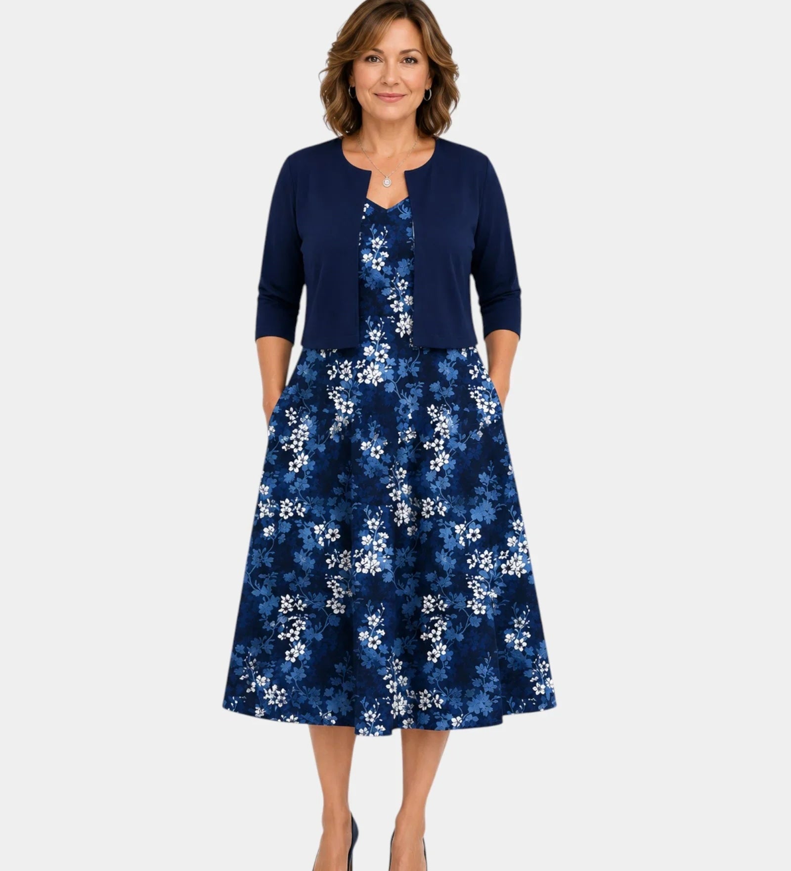 Guilaine | Ensemble robe fleurie et cardigan léger