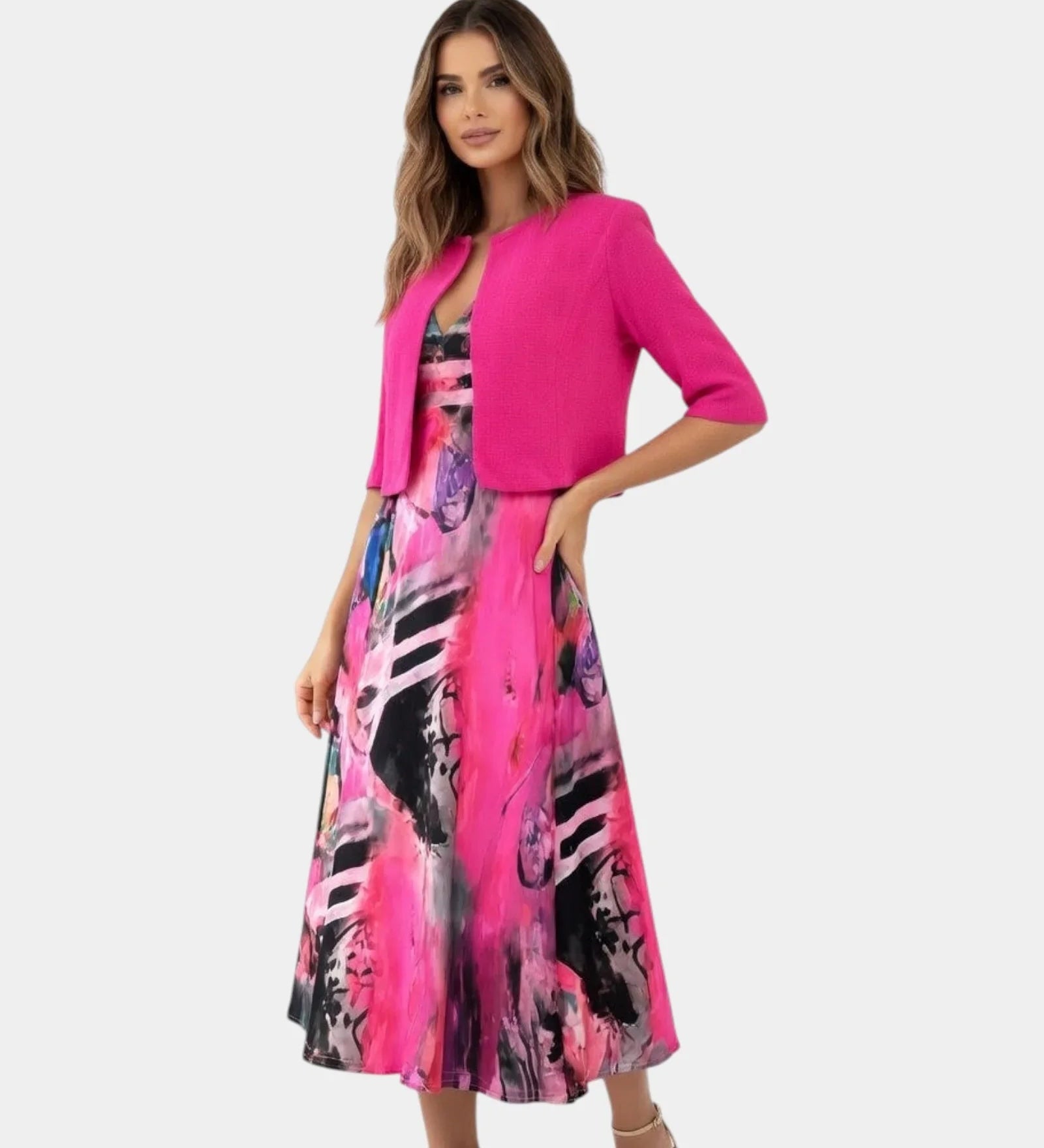 Stacy | Robe midi fluide imprimée avec veste assortie